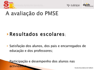 Resultados escolares ; Satisfação dos alunos, dos pais e encarregados de educação e dos professores; Participação e desempenho dos alunos nas actividades.            Escola Secundária de Valbom   