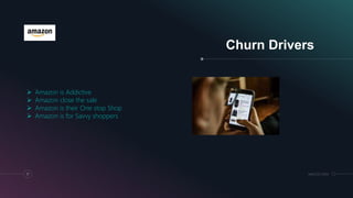 Churn Drivers
17 MM.DD.20XX
 Amazon is Addictive
 Amazon close the sale
 Amazon is their One stop Shop
 Amazon is for Savvy shoppers
 