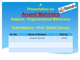 A
Presentation on
Anand Mahindra
Subject:- Organisational Behaviour
Submitted to:- Prof. Shital Chavan
Sr. No. Name of Student Roll No.
1. Deepak Bandal 14006
 