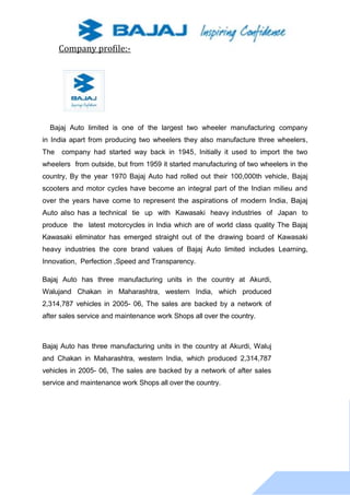 11
Company profile:-
Bajaj Auto limited is one of the largest two wheeler manufacturing company
in India apart from producing two wheelers they also manufacture three wheelers,
The company had started way back in 1945, Initially it used to import the two
wheelers from outside, but from 1959 it started manufacturing of two wheelers in the
country, By the year 1970 Bajaj Auto had rolled out their 100,000th vehicle, Bajaj
scooters and motor cycles have become an integral part of the Indian milieu and
over the years have come to represent the aspirations of modern India, Bajaj
Auto also has a technical tie up with Kawasaki heavy industries of Japan to
produce the latest motorcycles in India which are of world class quality The Bajaj
Kawasaki eliminator has emerged straight out of the drawing board of Kawasaki
heavy industries the core brand values of Bajaj Auto limited includes Learning,
Innovation, Perfection ,Speed and Transparency.
Bajaj Auto has three manufacturing units in the country at Akurdi,
Walujand Chakan in Maharashtra, western India, which produced
2,314,787 vehicles in 2005- 06, The sales are backed by a network of
after sales service and maintenance work Shops all over the country.
Bajaj Auto has three manufacturing units in the country at Akurdi, Waluj
and Chakan in Maharashtra, western India, which produced 2,314,787
vehicles in 2005- 06, The sales are backed by a network of after sales
service and maintenance work Shops all over the country.
 