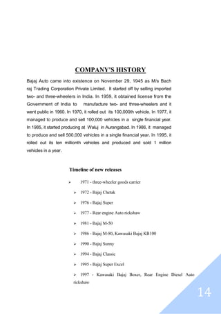 14
COMPANY'S HISTORY
Bajaj Auto came into existence on November 29, 1945 as M/s Bach
raj Trading Corporation Private Limited. It started off by selling imported
two- and three-wheelers in India. In 1959, it obtained license from the
Government of India to manufacture two- and three-wheelers and it
went public in 1960. In 1970, it rolled out its 100,000th vehicle. In 1977, it
managed to produce and sell 100,000 vehicles in a single financial year.
In 1985, it started producing at Waluj in Aurangabad. In 1986, it managed
to produce and sell 500,000 vehicles in a single financial year. In 1995, it
rolled out its ten millionth vehicles and produced and sold 1 million
vehicles in a year.
Timeline of new releases
 1971 - three-wheeler goods carrier
1972 - Bajaj Chetak
1976 - Bajaj Super
1977 - Rear engine Auto rickshaw
1981 - Bajaj M-50
1986 - Bajaj M-80, Kawasaki Bajaj KB100
1990 - Bajaj Sunny
1994 - Bajaj Classic
1995 - Bajaj Super Excel
1997 - Kawasaki Bajaj Boxer, Rear Engine Diesel Auto
rickshaw
 