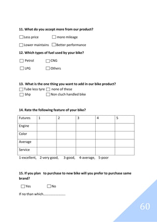 60
11. What do you accept more from our product?
Less price more mileage
Lower maintains Better performance
12. Which types of fuel used by your bike?
Petrol CNG
LPG Others
13. What is the one thing you want to add in our bike product?
Tube less tyre none of these
bhp Non cluch handled bike
14. Rate the following feature of your bike?
Futures 1 2 3 4 5
Engine
Color
Average
Service
1-excellent, 2-very good, 3-good, 4-average, 5-poor
15. If you plan to purchase to new bike will you prefer to purchase same
brand?
Yes No
If no than which……………………..
 