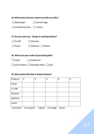 61
16. What factor that you inspire to prefer our bike?
Advantages Brand image
Competitive price others
17. Do you want any change in existing product?
Ct-100 Discover
Pulsar Platinum Others
18. What was your mode of purchasing bike?
Credit Installment
Loan facilities Exchange offers cash
19. More preferable bike in Bajaj Company?
Products 1 2 3 4 5
Pulsar
CT-100
Discover
platinum
others
1-excellent, 2-very good, 3-good, 4-average, 5-poor
 