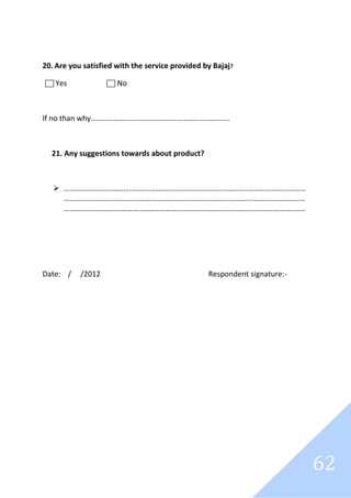62
20. Are you satisfied with the service provided by Bajaj?
Yes No
If no than why……………………………………………………………….
21. Any suggestions towards about product?
 ....……………………………………………………………………………………………………………
…….…………………………………………………………………………………………………………
……………………………………………………………………………………………………………….
Date: / /2012 Respondent signature:-
 
