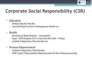 • Education
▫ Shiksha Mandal, Wardha
▫ Jamnalal Bajaj Institute of Management Studies etc
• Health
▫ Kamalnayan Bajaj Hospital – Aurangabad
▫ Bajaj - YCM Hospital A.R.T. Centre for HIV/Aids – Pimpri
▫ Jankidevi Bajaj Gram Vikas Sanstha etc
• Women Empowerment
▫ Jankidevi Bajaj Gram Vikas Sanstha
▫ IIMC Ladies' Wing Jankidevi Bajaj Puraskar for Rural Entrepreneurship
Corporate Social Responsibility (CSR)
56
 