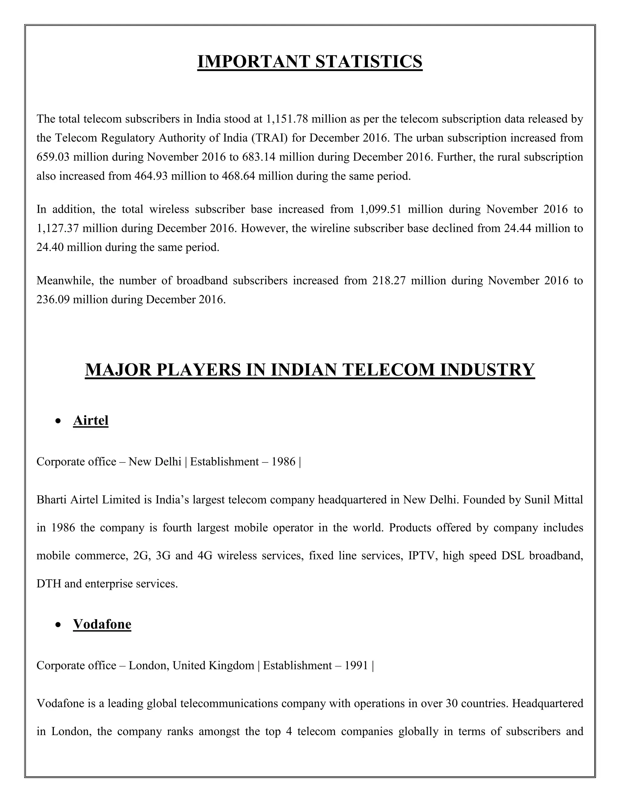 IMPORTANT STATISTICS
The total telecom subscribers in India stood at 1,151.78 million as per the telecom subscription data released by
the Telecom Regulatory Authority of India (TRAI) for December 2016. The urban subscription increased from
659.03 million during November 2016 to 683.14 million during December 2016. Further, the rural subscription
also increased from 464.93 million to 468.64 million during the same period.
In addition, the total wireless subscriber base increased from 1,099.51 million during November 2016 to
1,127.37 million during December 2016. However, the wireline subscriber base declined from 24.44 million to
24.40 million during the same period.
Meanwhile, the number of broadband subscribers increased from 218.27 million during November 2016 to
236.09 million during December 2016.
MAJOR PLAYERS IN INDIAN TELECOM INDUSTRY
 Airtel
Corporate office – New Delhi | Establishment – 1986 |
Bharti Airtel Limited is India’s largest telecom company headquartered in New Delhi. Founded by Sunil Mittal
in 1986 the company is fourth largest mobile operator in the world. Products offered by company includes
mobile commerce, 2G, 3G and 4G wireless services, fixed line services, IPTV, high speed DSL broadband,
DTH and enterprise services.
 Vodafone
Corporate office – London, United Kingdom | Establishment – 1991 |
Vodafone is a leading global telecommunications company with operations in over 30 countries. Headquartered
in London, the company ranks amongst the top 4 telecom companies globally in terms of subscribers and
 