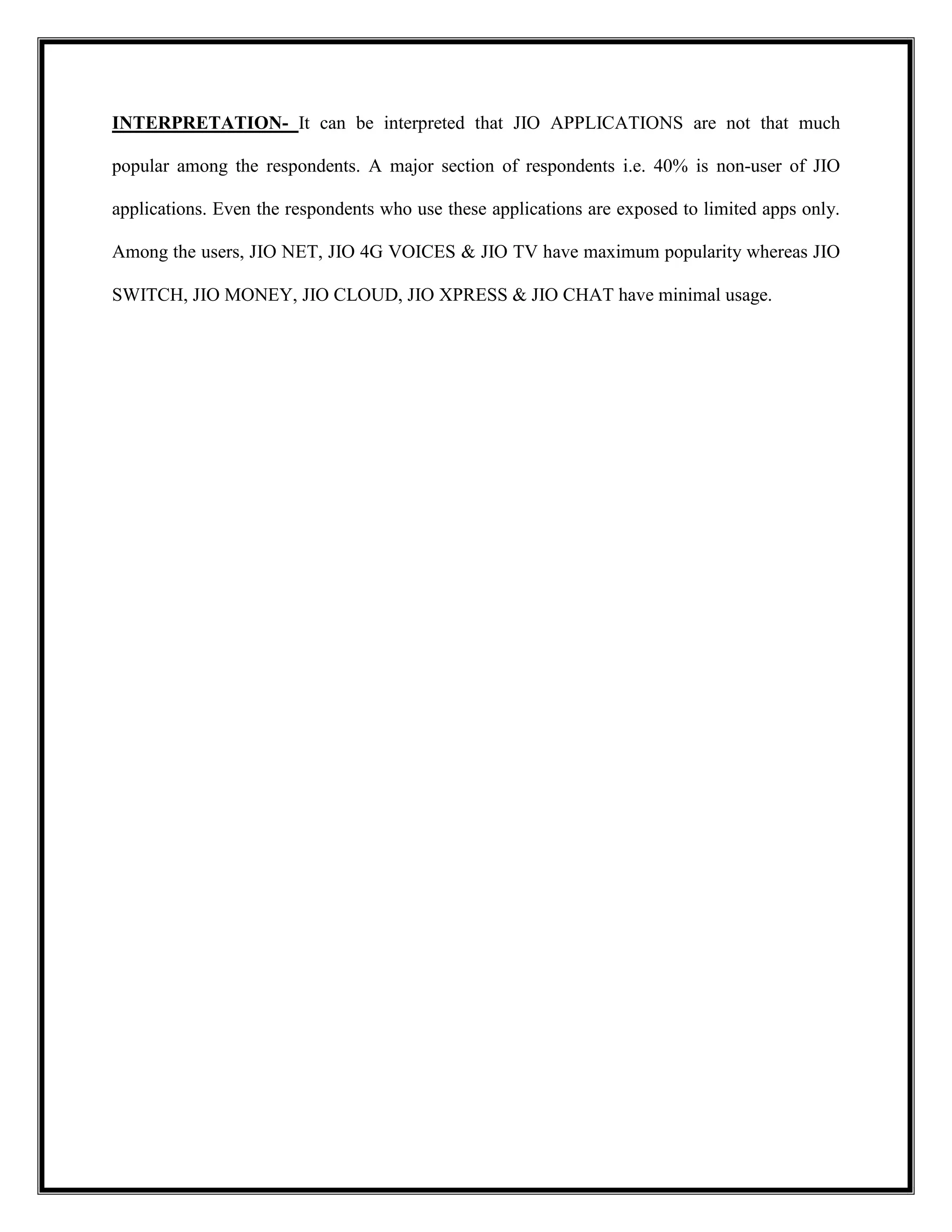 INTERPRETATION- It can be interpreted that JIO APPLICATIONS are not that much
popular among the respondents. A major section of respondents i.e. 40% is non-user of JIO
applications. Even the respondents who use these applications are exposed to limited apps only.
Among the users, JIO NET, JIO 4G VOICES & JIO TV have maximum popularity whereas JIO
SWITCH, JIO MONEY, JIO CLOUD, JIO XPRESS & JIO CHAT have minimal usage.
 