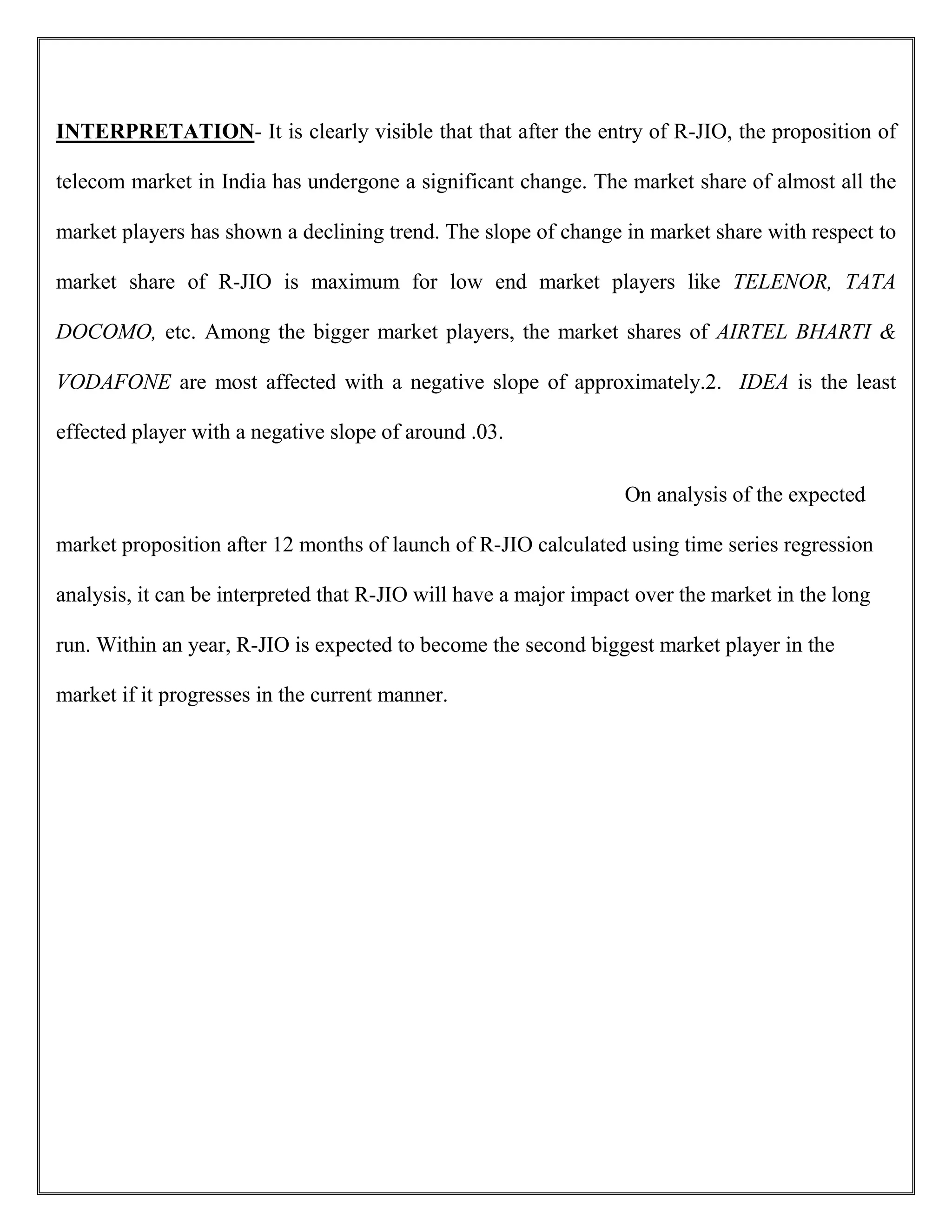 INTERPRETATION- It is clearly visible that that after the entry of R-JIO, the proposition of
telecom market in India has undergone a significant change. The market share of almost all the
market players has shown a declining trend. The slope of change in market share with respect to
market share of R-JIO is maximum for low end market players like TELENOR, TATA
DOCOMO, etc. Among the bigger market players, the market shares of AIRTEL BHARTI &
VODAFONE are most affected with a negative slope of approximately.2. IDEA is the least
effected player with a negative slope of around .03.
On analysis of the expected
market proposition after 12 months of launch of R-JIO calculated using time series regression
analysis, it can be interpreted that R-JIO will have a major impact over the market in the long
run. Within an year, R-JIO is expected to become the second biggest market player in the
market if it progresses in the current manner.
 