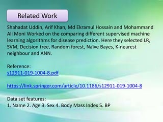 Related Work
Shahadat Uddin, Arif Khan, Md Ekramul Hossain and Mohammand
Ali Moni Worked on the comparing different supervised machine
learning algorithms for disease prediction. Here they selected LR,
SVM, Decision tree, Random forest, Naïve Bayes, K-nearest
neighbour and ANN.
Reference:
s12911-019-1004-8.pdf
https://link.springer.com/article/10.1186/s12911-019-1004-8
Data set features:
1. Name 2. Age 3. Sex 4. Body Mass Index 5. BP
 