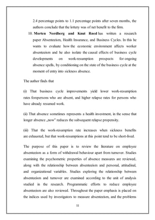 11
2.4 percentage points to 1.1 percentage points after seven months, the
authors conclude that the lottery was of net benefit to the firm.
10. Morten Nordberg and Knut Røed has written a research
paper Absenteeism, Health Insurance, and Business Cycles. In this he
wants to evaluate how the economic environment affects worker
absenteeism and he also isolate the causal effects of business cycle
developments on work-resumption prospects for ongoing
absence spells, by conditioning on the state of the business cycle at the
moment of entry into sickness absence.
The author finds that
(i) That business cycle improvements yield lower work-resumption
rates forepersons who are absent, and higher relapse rates for persons who
have already resumed work.
(ii) That absence sometimes represents a health investment, in the sense that
longer absence „now‟ reduces the subsequent relapse propensity.
(iii) That the work-resumption rate increases when sickness benefits
are exhausted, but that work-resumptions at this point tend to be short-lived.
The purpose of this paper is to review the literature on employee
absenteeism as a form of withdrawal behaviour apart from turnover. Studies
examining the psychometric properties of absence measures are reviewed,
along with the relationship between absenteeism and personal, attitudinal,
and organizational variables. Studies exploring the relationship between
absenteeism and turnover are examined according to the unit of analysis
studied in the research. Programmatic efforts to reduce employee
absenteeism are also reviewed. Throughout the paper emphasis is placed on
the indices used by investigators to measure absenteeism, and the problems
 
