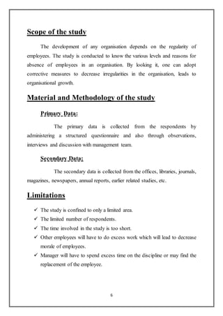 6
Scope of the study
The development of any organisation depends on the regularity of
employees. The study is conducted to know the various levels and reasons for
absence of employees in an organisation. By looking it, one can adopt
corrective measures to decrease irregularities in the organisation, leads to
organisational growth.
Material and Methodology of the study
Primary Data:
The primary data is collected from the respondents by
administering a structured questionnaire and also through observations,
interviews and discussion with management team.
Secondary Data:
The secondary data is collected from the offices, libraries, journals,
magazines, newspapers, annual reports, earlier related studies, etc.
Limitations
 The study is confined to only a limited area.
 The limited number of respondents.
 The time involved in the study is too short.
 Other employees will have to do excess work which will lead to decrease
morale of employees.
 Manager will have to spend excess time on the discipline or may find the
replacement of the employee.
 