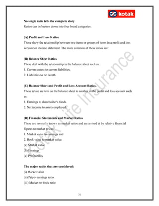 No single ratio tells the complete story
Ratios can be broken down into four broad categories:
(A) Profit and Loss Ratios
These show the relationship between two items or groups of items in a profit and loss
account or income statement. The more common of these ratios are:
(B) Balance Sheet Ratios
These deal with the relationship in the balance sheet such as :
1. Current assets to current liabilities.
2. Liabilities to net worth.
(C) Balance Sheet and Profit and Loss Account Ratios.
These relate an item on the balance sheet to another in the profit and loss account such
as:
1. Earnings to shareholder's funds.
2. Net income to assets employed.
(D) Financial Statements and Market Ratios
These are normally known as market ratios and are arrived at by relative financial
figures to market prices:
1. Market value to earnings and
2. Book value to market value.
(a) Market value
(b) Earnings
(c) Profitability
The major ratios that are considered:
(i) Market value
(ii) Price- earnings ratio
(iii) Market-to-book ratio
31
 