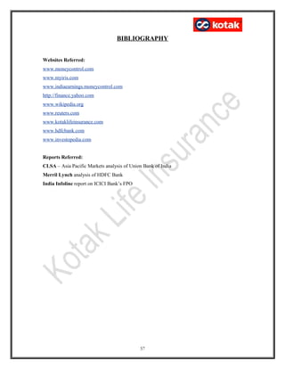 BIBLIOGRAPHY
Websites Referred:
www.moneycontrol.com
www.myiris.com
www.indiaearnings.moneycontrol.com
http://finance.yahoo.com
www.wikipedia.org
www.reuters.com
www.kotaklifeinsurance.com
www.hdfcbank.com
www.investopedia.com
Reports Referred:
CLSA – Asia Pacific Markets analysis of Union Bank of India
Merril Lynch analysis of HDFC Bank
India Infoline report on ICICI Bank’s FPO
57
 