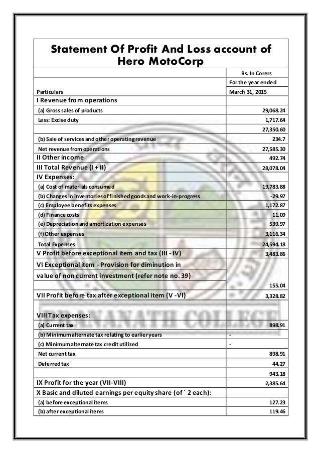 project profit and loss statement