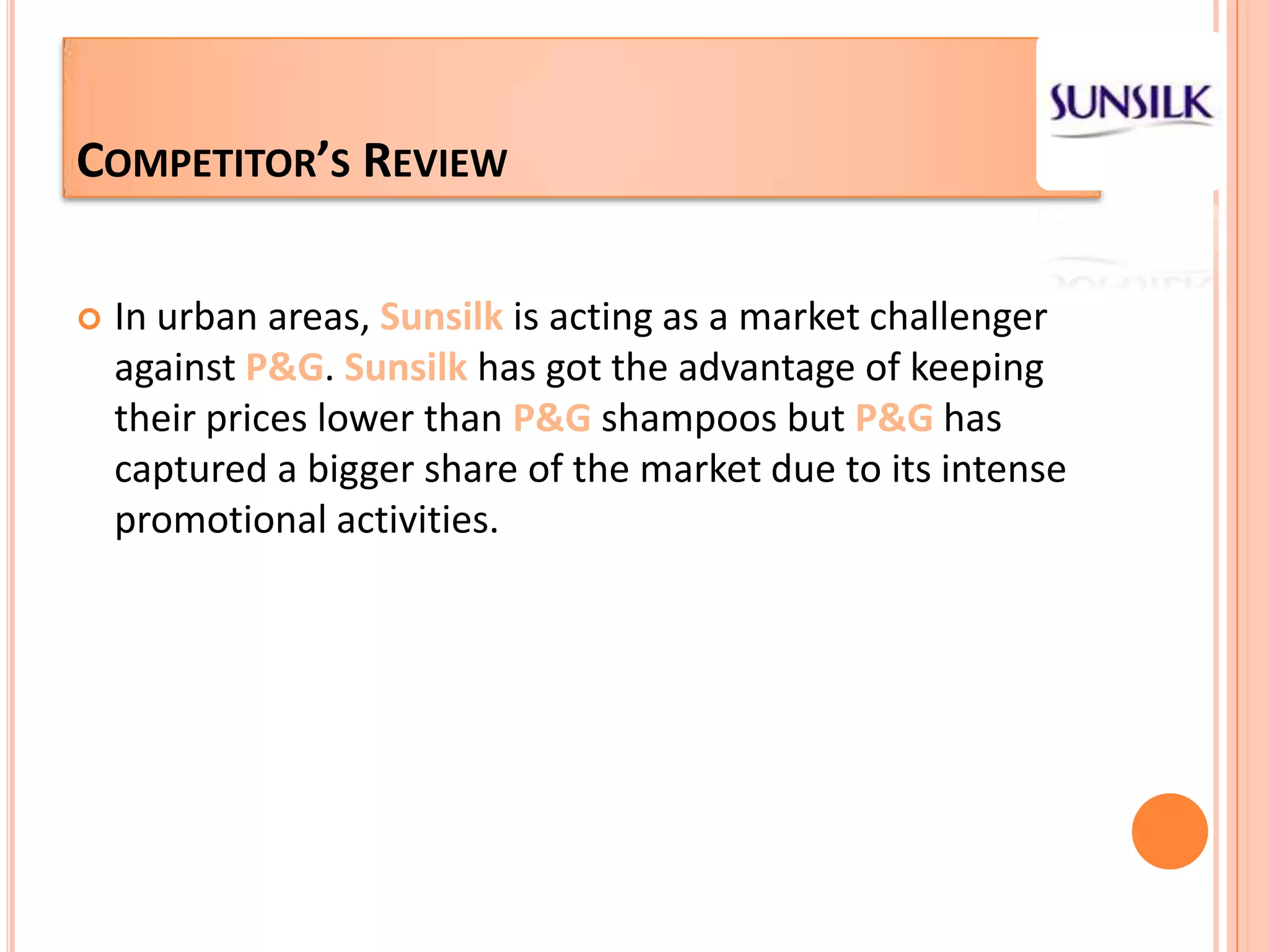 Competitor’s ReviewIn urban areas, Sunsilkis acting as a market challenger against P&G. Sunsilk has got the advantage of keeping their prices lower than P&Gshampoos but P&G has captured a bigger share of the market due to its intense promotional activities.