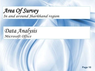 Area Of Survey
In and around Jharkhand region



Data Analysis
Microsoft Office




                                 Page 10
 