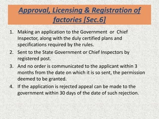 Approval, Licensing & Registration of
factories [Sec.6]
1. Making an application to the Government or Chief
Inspector, along with the duly certified plans and
specifications required by the rules.
2. Sent to the State Government or Chief Inspectors by
registered post.
3. And no order is communicated to the applicant within 3
months from the date on which it is so sent, the permission
deemed to be granted.
4. If the application is rejected appeal can be made to the
government within 30 days of the date of such rejection.
 