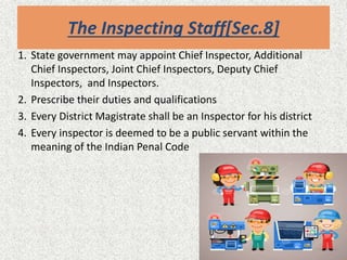 The Inspecting Staff[Sec.8]
1. State government may appoint Chief Inspector, Additional
Chief Inspectors, Joint Chief Inspectors, Deputy Chief
Inspectors, and Inspectors.
2. Prescribe their duties and qualifications
3. Every District Magistrate shall be an Inspector for his district
4. Every inspector is deemed to be a public servant within the
meaning of the Indian Penal Code
 