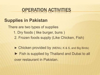 OPERATIONAL PHASES OF KFC
First phase
Pick up raw material from warehouses
1. Normal Storage warehouse
2. cold storage
S...