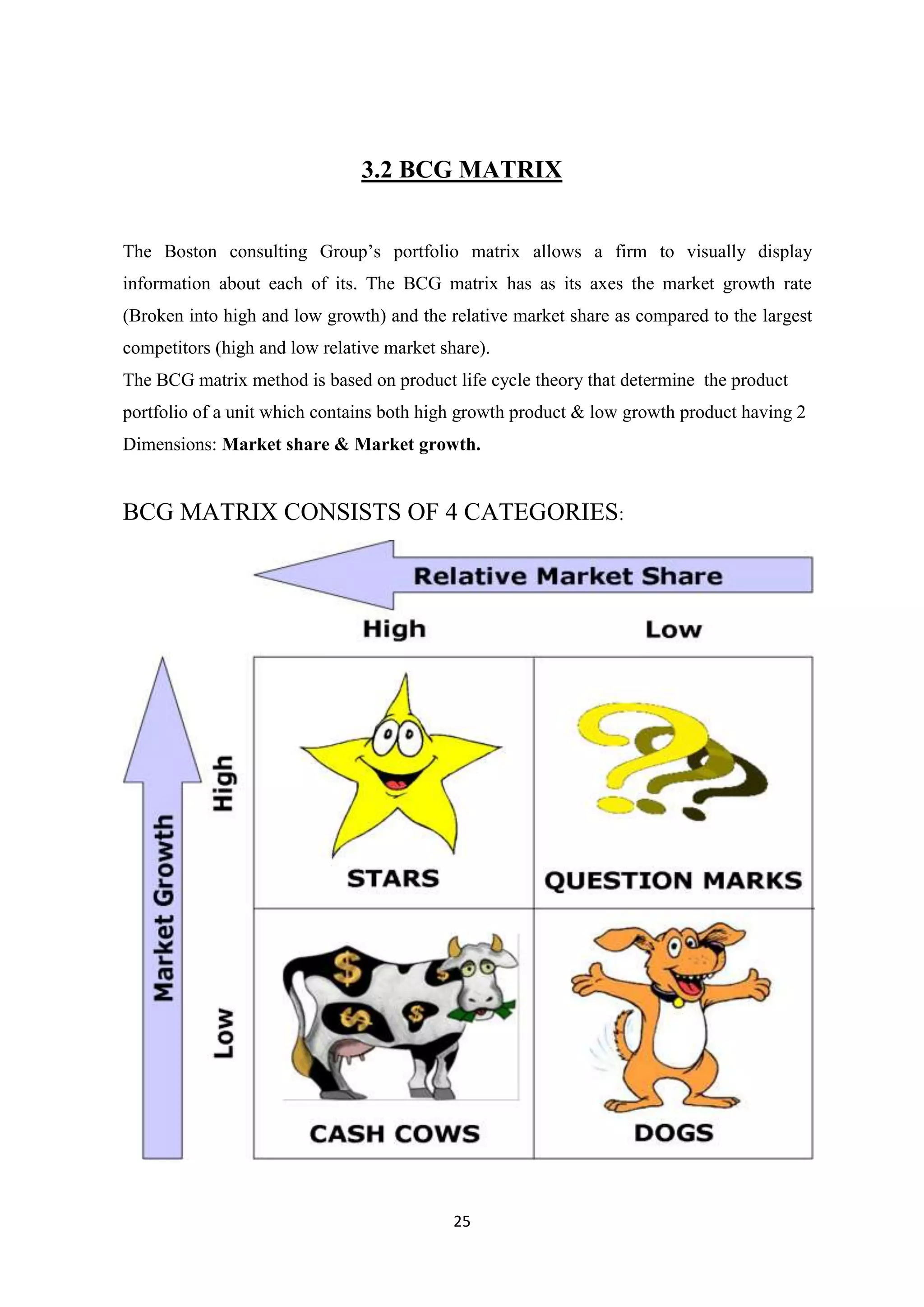 25
3.2 BCG MATRIX
The Boston consulting Group‘s portfolio matrix allows a firm to visually display
information about each of its. The BCG matrix has as its axes the market growth rate
(Broken into high and low growth) and the relative market share as compared to the largest
competitors (high and low relative market share).
The BCG matrix method is based on product life cycle theory that determine the product
portfolio of a unit which contains both high growth product & low growth product having 2
Dimensions: Market share & Market growth.
BCG MATRIX CONSISTS OF 4 CATEGORIES:
 
