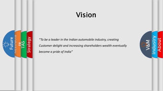 x
About
x
Industry
“To be a leader in the Indian automobile industry, creating
Customer delight and increasing shareholders wealth eventually
become a pride of India”
V&M
Strategy
TAS
Restructu
re
Future
Vision
 