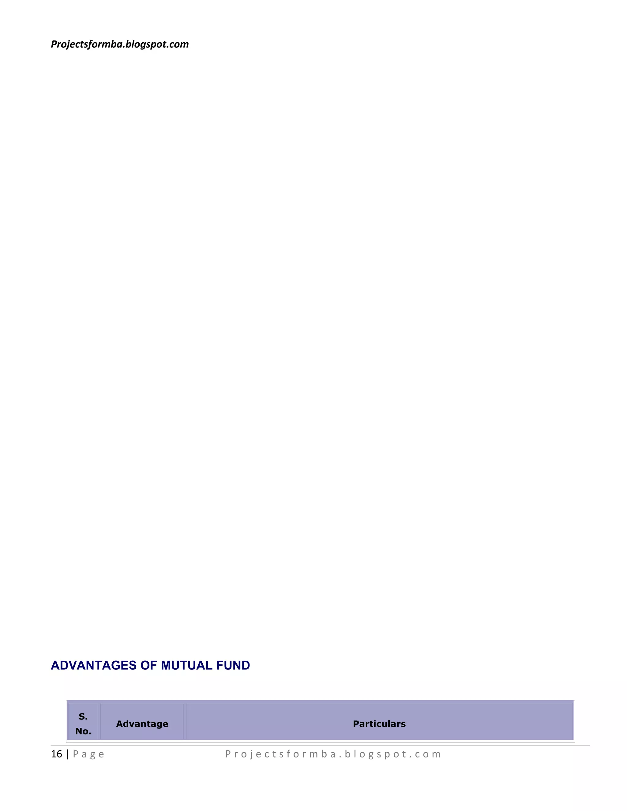 Projectsformba.blogspot.com




ADVANTAGES OF MUTUAL FUND



      S.
               Advantage                     Particulars
     No.

16 | P a g e                  Projectsformba.blogspot.com
 