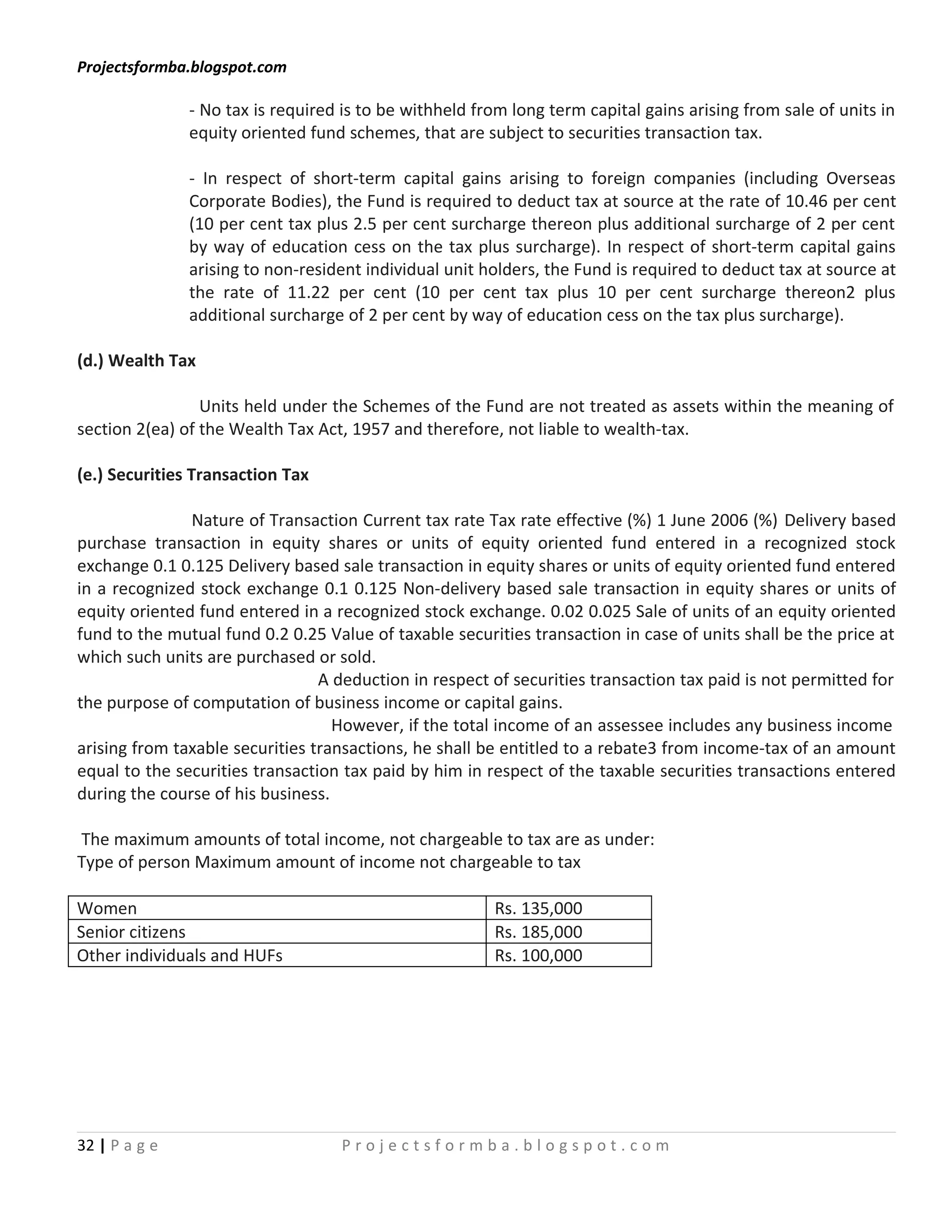 Projectsformba.blogspot.com

               - No tax is required is to be withheld from long term capital gains arising from sale of units in
               equity oriented fund schemes, that are subject to securities transaction tax.

               - In respect of short-term capital gains arising to foreign companies (including Overseas
               Corporate Bodies), the Fund is required to deduct tax at source at the rate of 10.46 per cent
               (10 per cent tax plus 2.5 per cent surcharge thereon plus additional surcharge of 2 per cent
               by way of education cess on the tax plus surcharge). In respect of short-term capital gains
               arising to non-resident individual unit holders, the Fund is required to deduct tax at source at
               the rate of 11.22 per cent (10 per cent tax plus 10 per cent surcharge thereon2 plus
               additional surcharge of 2 per cent by way of education cess on the tax plus surcharge).

(d.) Wealth Tax

                 Units held under the Schemes of the Fund are not treated as assets within the meaning of
section 2(ea) of the Wealth Tax Act, 1957 and therefore, not liable to wealth-tax.

(e.) Securities Transaction Tax

               Nature of Transaction Current tax rate Tax rate effective (%) 1 June 2006 (%) Delivery based
purchase transaction in equity shares or units of equity oriented fund entered in a recognized stock
exchange 0.1 0.125 Delivery based sale transaction in equity shares or units of equity oriented fund entered
in a recognized stock exchange 0.1 0.125 Non-delivery based sale transaction in equity shares or units of
equity oriented fund entered in a recognized stock exchange. 0.02 0.025 Sale of units of an equity oriented
fund to the mutual fund 0.2 0.25 Value of taxable securities transaction in case of units shall be the price at
which such units are purchased or sold.
                                 A deduction in respect of securities transaction tax paid is not permitted for
the purpose of computation of business income or capital gains.
                                   However, if the total income of an assessee includes any business income
arising from taxable securities transactions, he shall be entitled to a rebate3 from income-tax of an amount
equal to the securities transaction tax paid by him in respect of the taxable securities transactions entered
during the course of his business.

The maximum amounts of total income, not chargeable to tax are as under:
Type of person Maximum amount of income not chargeable to tax

Women                                                   Rs. 135,000
Senior citizens                                         Rs. 185,000
Other individuals and HUFs                              Rs. 100,000




32 | P a g e                       Projectsformba.blogspot.com
 
