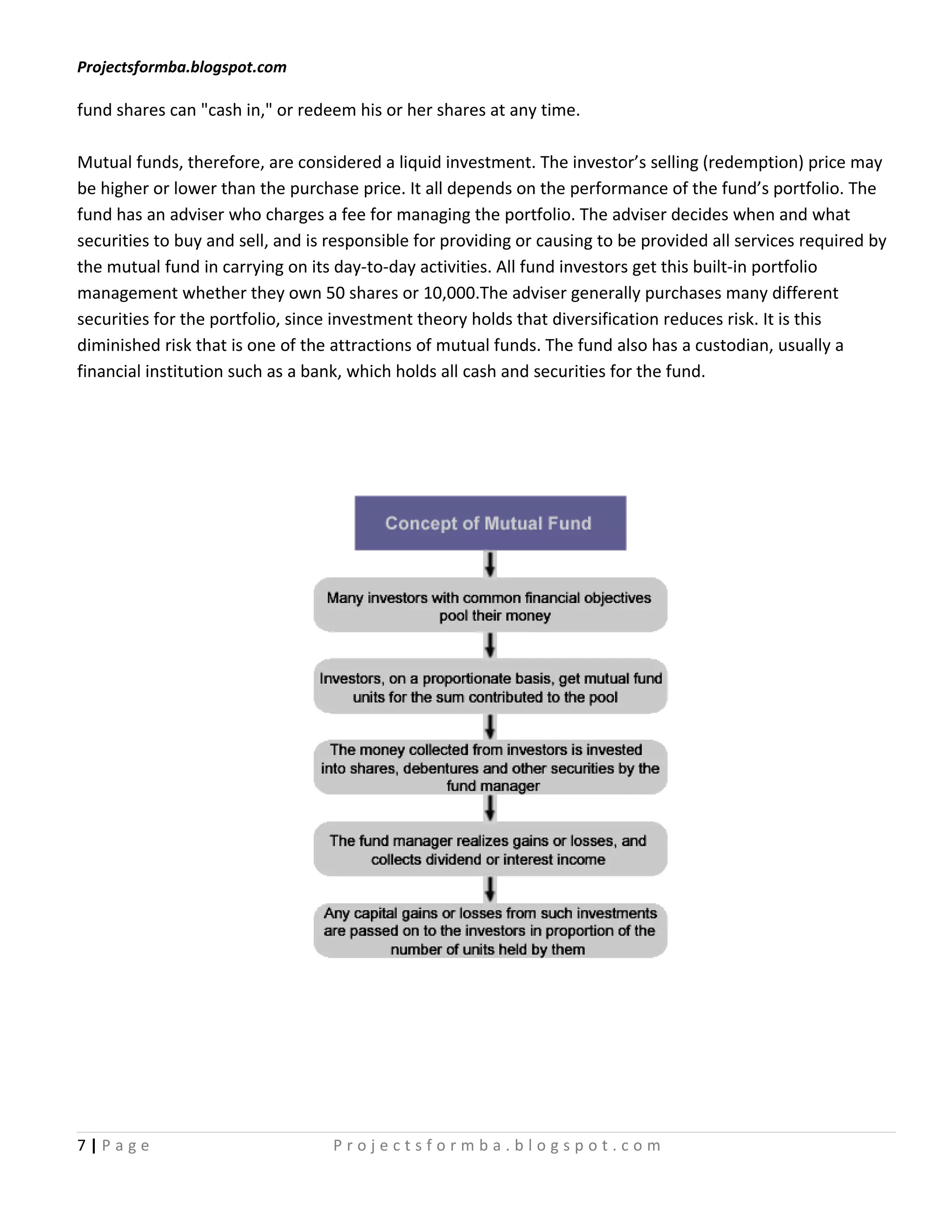 Projectsformba.blogspot.com

fund shares can "cash in," or redeem his or her shares at any time.

Mutual funds, therefore, are considered a liquid investment. The investor’s selling (redemption) price may
be higher or lower than the purchase price. It all depends on the performance of the fund’s portfolio. The
fund has an adviser who charges a fee for managing the portfolio. The adviser decides when and what
securities to buy and sell, and is responsible for providing or causing to be provided all services required by
the mutual fund in carrying on its day-to-day activities. All fund investors get this built-in portfolio
management whether they own 50 shares or 10,000.The adviser generally purchases many different
securities for the portfolio, since investment theory holds that diversification reduces risk. It is this
diminished risk that is one of the attractions of mutual funds. The fund also has a custodian, usually a
financial institution such as a bank, which holds all cash and securities for the fund.




7|Page                             Projectsformba.blogspot.com
 