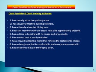 Order Qualifier & Order winning attributes
 1. has visually attractive parking areas.
 2. has visually attractive buildi...