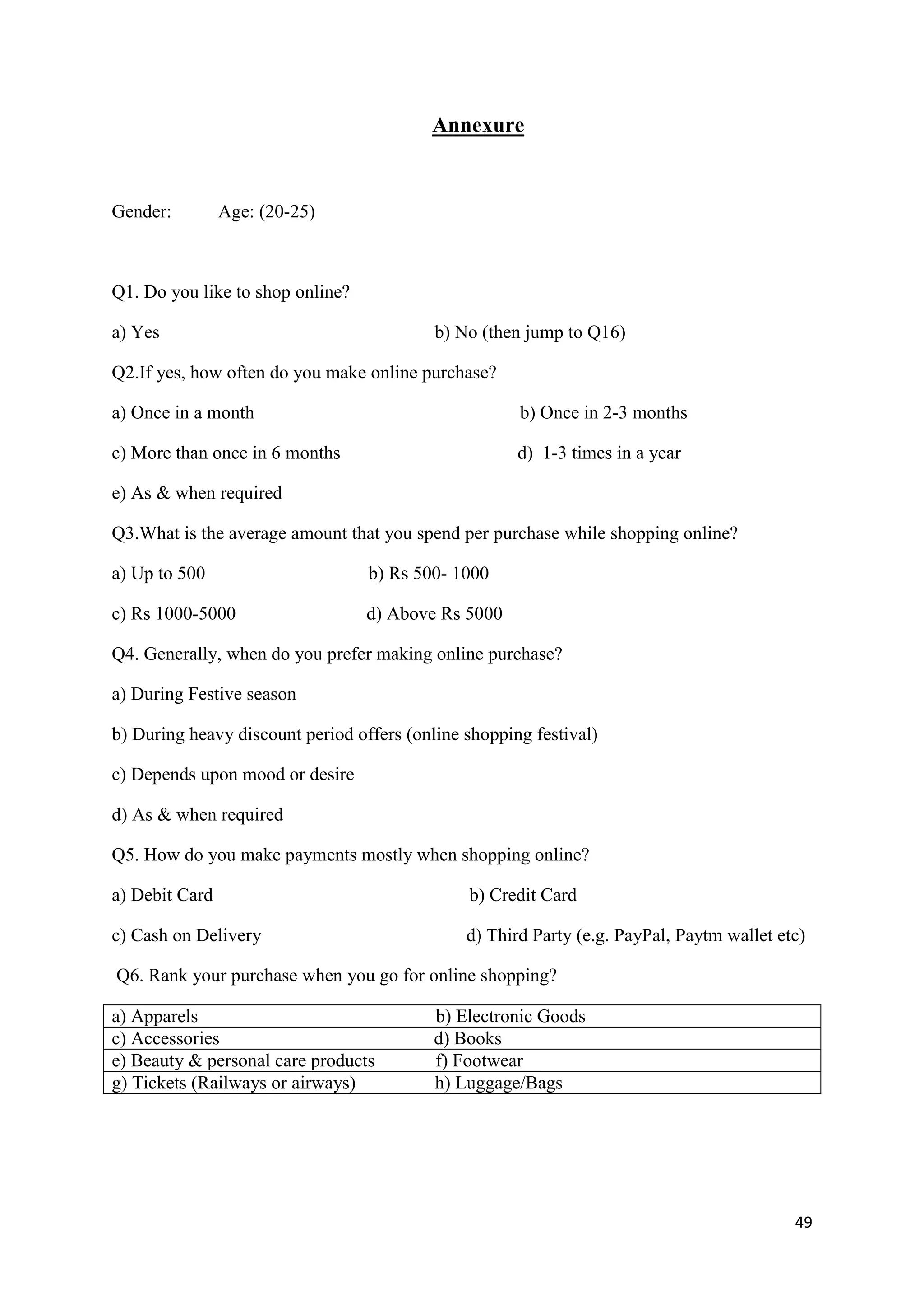 49
Annexure
Gender: Age: (20-25)
Q1. Do you like to shop online?
a) Yes b) No (then jump to Q16)
Q2.If yes, how often do you make online purchase?
a) Once in a month b) Once in 2-3 months
c) More than once in 6 months d) 1-3 times in a year
e) As & when required
Q3.What is the average amount that you spend per purchase while shopping online?
a) Up to 500 b) Rs 500- 1000
c) Rs 1000-5000 d) Above Rs 5000
Q4. Generally, when do you prefer making online purchase?
a) During Festive season
b) During heavy discount period offers (online shopping festival)
c) Depends upon mood or desire
d) As & when required
Q5. How do you make payments mostly when shopping online?
a) Debit Card b) Credit Card
c) Cash on Delivery d) Third Party (e.g. PayPal, Paytm wallet etc)
Q6. Rank your purchase when you go for online shopping?
a) Apparels b) Electronic Goods
c) Accessories d) Books
e) Beauty & personal care products f) Footwear
g) Tickets (Railways or airways) h) Luggage/Bags
 