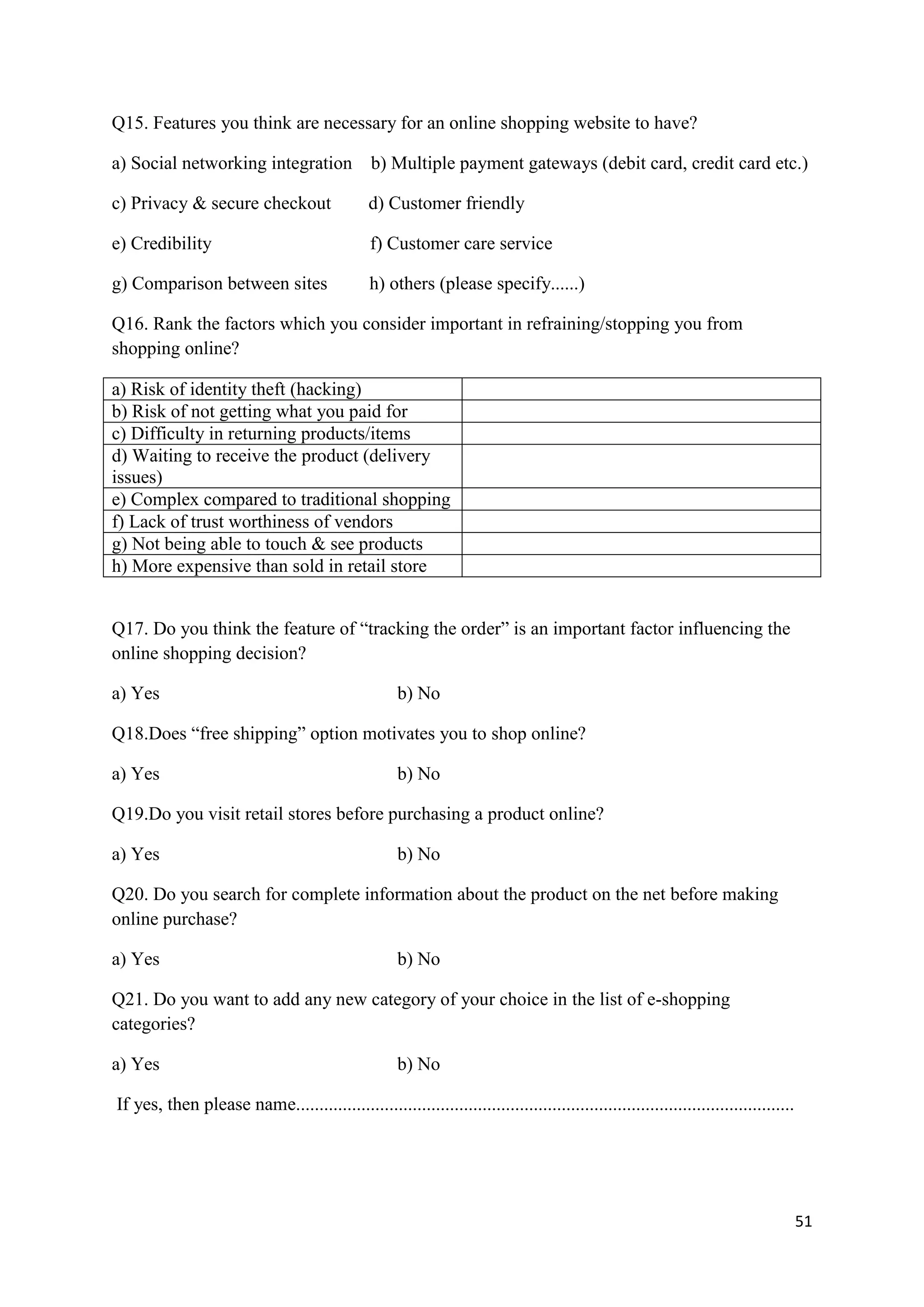 51
Q15. Features you think are necessary for an online shopping website to have?
a) Social networking integration b) Multiple payment gateways (debit card, credit card etc.)
c) Privacy & secure checkout d) Customer friendly
e) Credibility f) Customer care service
g) Comparison between sites h) others (please specify......)
Q16. Rank the factors which you consider important in refraining/stopping you from
shopping online?
a) Risk of identity theft (hacking)
b) Risk of not getting what you paid for
c) Difficulty in returning products/items
d) Waiting to receive the product (delivery
issues)
e) Complex compared to traditional shopping
f) Lack of trust worthiness of vendors
g) Not being able to touch & see products
h) More expensive than sold in retail store
Q17. Do you think the feature of “tracking the order” is an important factor influencing the
online shopping decision?
a) Yes b) No
Q18.Does “free shipping” option motivates you to shop online?
a) Yes b) No
Q19.Do you visit retail stores before purchasing a product online?
a) Yes b) No
Q20. Do you search for complete information about the product on the net before making
online purchase?
a) Yes b) No
Q21. Do you want to add any new category of your choice in the list of e-shopping
categories?
a) Yes b) No
If yes, then please name...........................................................................................................
 