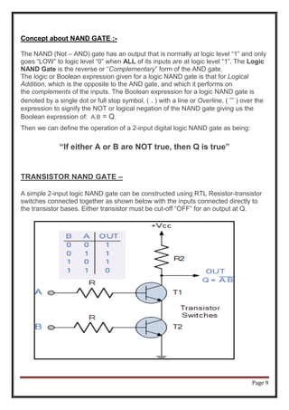 Page 9
Concept about NAND GATE :-
The NAND (Not – AND) gate has an output that is normally at logic level “1” and only
goes “LOW” to logic level “0” when ALL of its inputs are at logic level “1”. The Logic
NAND Gate is the reverse or “Complementary” form of the AND gate.
The logic or Boolean expression given for a logic NAND gate is that for Logical
Addition, which is the opposite to the AND gate, and which it performs on
the complements of the inputs. The Boolean expression for a logic NAND gate is
denoted by a single dot or full stop symbol, ( . ) with a line or Overline, ( ‾‾ ) over the
expression to signify the NOT or logical negation of the NAND gate giving us the
Boolean expression of: A.B = Q.
Then we can define the operation of a 2-input digital logic NAND gate as being:
“If either A or B are NOT true, then Q is true”
TRANSISTOR NAND GATE –
A simple 2-input logic NAND gate can be constructed using RTL Resistor-transistor
switches connected together as shown below with the inputs connected directly to
the transistor bases. Either transistor must be cut-off “OFF” for an output at Q.
 