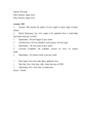 Expense Processing
Policy Insurance Sigma Level
Policy Insurance Sigma Level
Accuracy MIS
1. Accuracy MIS presents the number of error caught at various stages of policy
issuance.
2. Branch Discrepancy: Any error caught in the application form or underwriting
sheet before data entry at COPS.
• Opportunities: All cases logged in given period
3. Call Back Error: All errors identified at post issuance call back stage.
• Opportunities : All cases issued in given period
4. Correction Complaints: All complaints received for errors on contract
details
5. Opportunities: All contracts issued in previous month
• Data Capture: Error done while filling application form
• Data Entry Error: Error done while doing data entry at COPS
• Underwriting Error : Error done by underwriters
Service – Overall
 