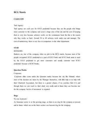 BCG Matrix
CASH COW
Tied Agency:
Tied agency are cash cow for ICICI prudential because they are the people who brings
more customer to the company and cover a large area of the city and the cost of keeping
them is very less because advisors works on the commission basis the this is the reason
why they works so hard. Around 30 to 40 advisors work under one unit manager. The
cost of maintaining them is very less in comparison to the other department.
STAR
BANKERS:
Bankers are star of the company when we plot in the BCG matrix, because most of the
people recognized ICICI prudential as a part of ICICI bank and ICICI bank name is used
by the ICICI prudential to get more customers and usually customer trust ICICI
prudential because of ICICI banks.
Question Marks
Corporate:
Corporate allies come under the Question marks because the city like Mulund, where
most of the decision are taken by the Manager themselves, with little help or no help with
their Chartered Accountant, but there is a greater chance, if we convince their CA and
through them we can reach to their client very easily and in future they can become star
for the company but lot of investment is required.
Dogs
No one at present :
As Insurance sector is at the growing stage, so there is no dog for the company at present
and in future which are on the three section can become dog for the company.
 