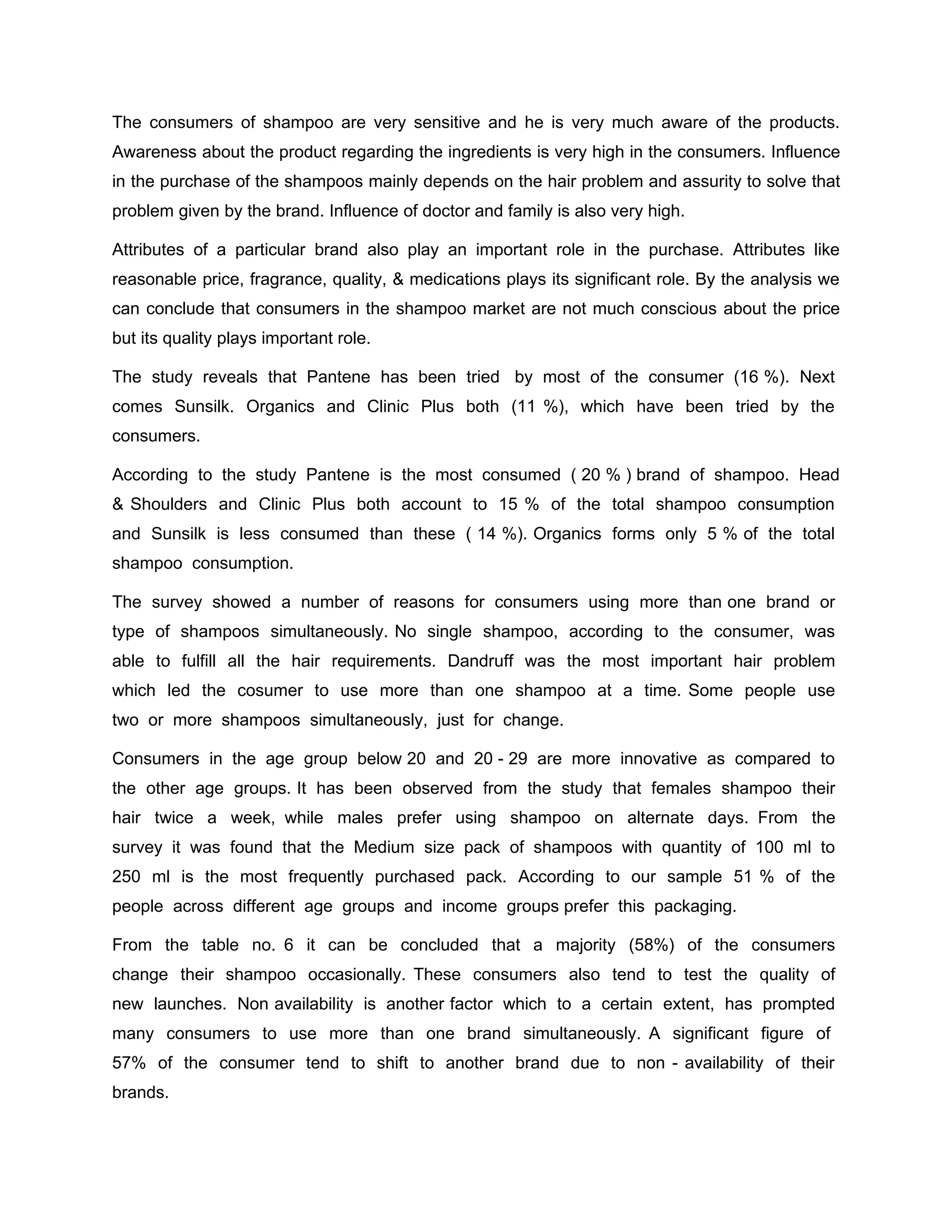 The consumers of shampoo are very sensitive and he is very much aware of the products.
Awareness about the product regarding the ingredients is very high in the consumers. Influence
in the purchase of the shampoos mainly depends on the hair problem and assurity to solve that
problem given by the brand. Influence of doctor and family is also very high.

Attributes of a particular brand also play an important role in the purchase. Attributes like
reasonable price, fragrance, quality, & medications plays its significant role. By the analysis we
can conclude that consumers in the shampoo market are not much conscious about the price
but its quality plays important role.

The study reveals that Pantene has been tried by most of the consumer (16 %). Next
comes Sunsilk. Organics and Clinic Plus both (11 %), which have been tried by the
consumers.

According to the study Pantene is the most consumed ( 20 % ) brand of shampoo. Head
& Shoulders and Clinic Plus both account to 15 % of the total shampoo consumption
and Sunsilk is less consumed than these ( 14 %). Organics forms only 5 % of the total
shampoo consumption.

The survey showed a number of reasons for consumers using more than one brand or
type of shampoos simultaneously. No single shampoo, according to the consumer, was
able to fulfill all the hair requirements. Dandruff was the most important hair problem
which led the cosumer to use more than one shampoo at a time. Some people use
two or more shampoos simultaneously, just for change.

Consumers in the age group below 20 and 20 - 29 are more innovative as compared to
the other age groups. It has been observed from the study that females shampoo their
hair twice a week, while males prefer using shampoo on alternate days. From the
survey it was found that the Medium size pack of shampoos with quantity of 100 ml to
250 ml is the most frequently purchased pack. According to our sample 51 % of the
people across different age groups and income groups prefer this packaging.

From the table no. 6 it can be concluded that a majority (58%) of the consumers
change their shampoo occasionally. These consumers also tend to test the quality of
new launches. Non availability is another factor which to a certain extent, has prompted
many consumers to use more than one brand simultaneously. A significant figure of
57% of the consumer tend to shift to another brand due to non - availability of their
brands.
 