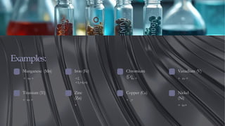 Examples:
Manganese (Mn)
+ to +
Iron (Fe)
+2,
+3,+4,+6
Chromium
(Cr)
+ to +
Vanadium (V)
+ to +
Titanium (Ti)
+ to +
Zinc
(Zn)
+
Copper (Cu)
+ ,+
Nickel
(Ni)
+ to+
 