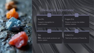 . Biological Importance
Iron (Fe)
I ntegral to hemoglobin for
oxygen transport.
Copper (Cu)
Present in enzymes that facilitate
oxidation reactions.
Zinc
(Zn)
Plays a role in insulin production and
enzyme catalysis.
Cobalt (Co)
Vital for the synthesis of Vitamin B₁₂.
 