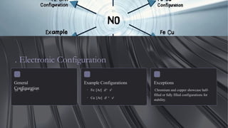 . Electronic Configuration
General
Configuration
(n− )d¹ -¹ ⁰ ns¹ ‒ ².
Example Configurations
· Fe: [Ar] d⁶ s²
· Cu: [Ar] d¹ ⁰ s¹
Exceptions
Chromium and copper showcase half-
filled or fully filled configurations for
stability.
 