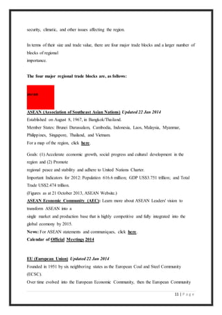 11 | P a g e
security, climatic, and other issues affecting the region.
In terms of their size and trade value, there are four major trade blocks and a larger number of
blocks of regional
importance.
The four major regional trade blocks are, as follows:
asean
ASEAN (Association of Southeast Asian Nations) Updated 22 Jan 2014
Established on August 8, 1967, in Bangkok/Thailand.
Member States: Brunei Darussalam, Cambodia, Indonesia, Laos, Malaysia, Myanmar,
Philippines, Singapore, Thailand, and Vietnam.
For a map of the region, click here.
Goals: (1) Accelerate economic growth, social progress and cultural development in the
region and (2) Promote
regional peace and stability and adhere to United Nations Charter.
Important Indicators for 2012: Population 616.6 million; GDP US$3.751 trillion; and Total
Trade US$2.474 trillion.
(Figures as at 21 October 2013, ASEAN Website.)
ASEAN Economic Community (AEC): Learn more about ASEAN Leaders' vision to
transform ASEAN into a
single market and production base that is highly competitive and fully integrated into the
global ecomony by 2015.
News: For ASEAN statements and communiques, click here.
Calendar of Official Meetings 2014
EU (European Union) Updated 22 Jan 2014
Founded in 1951 by six neighboring states as the European Coal and Steel Community
(ECSC).
Over time evolved into the European Economic Community, then the European Community
 