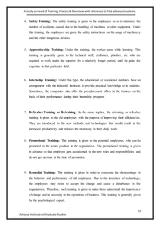 A study on need of Training, Process & Overview with reference to Tata advanced systems.
12
Acharya Institutesof Graduate Studies
4. Safety Training: The safety training is given to the employees so as to minimize the
number of accidents caused due to the handling of machines or other equipment. Under
this training, the employees are given the safety instructions on the usage of machinery
and the other dangerous devices.
5. Apprenticeship Training: Under this training, the worker earns while learning. This
training is generally given to the technical staff, craftsmen, plumber, etc. who are
required to work under the superior for a relatively longer period, until he gains the
expertise in that particular field.
6. Internship Training: Under this type, the educational or vocational institutes have an
arrangement with the industrial institutes to provide practical knowledge to its students.
Sometimes, the companies also offer the pre-placement offers to the trainees on the
basis of their performance during their internship program.
7. Refresher Training or Retraining: As the name implies, the retraining or refresher
training is given to the old employees with the purpose of improving their efficiencies.
They are introduced to the new methods and technologies that would result in the
increased productivity and reduces the monotony in their daily work.
8. Promotional Training: This training is given to the potential employees, who can be
promoted to the senior position in the organization. The promotional training is given
in advance so that employee gets accustomed to the new roles and responsibilities and
do not get nervous at the time of promotion.
9. Remedial Training: This training is given in order to overcome the shortcomings in
the behavior and performance of old employees. Due to the invention of technology,
the employees may resist to accept the change and cause a disturbance in the
organization. Therefore, such training is given to make them understand the importance
of change and its necessity in the operations of business. This training is generally given
by the psychological expert.
 