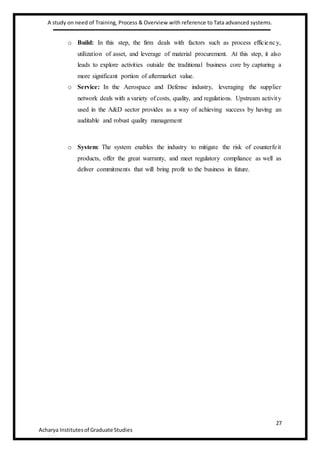 A study on need of Training, Process & Overview with reference to Tata advanced systems.
27
Acharya Institutesof Graduate Studies
o Build: In this step, the firm deals with factors such as process efficiency,
utilization of asset, and leverage of material procurement. At this step, it also
leads to explore activities outside the traditional business core by capturing a
more significant portion of aftermarket value.
o Service: In the Aerospace and Defense industry, leveraging the supplier
network deals with a variety of costs, quality, and regulations. Upstream activity
used in the A&D sector provides as a way of achieving success by having an
auditable and robust quality management
o System: The system enables the industry to mitigate the risk of counterfeit
products, offer the great warranty, and meet regulatory compliance as well as
deliver commitments that will bring profit to the business in future.
 