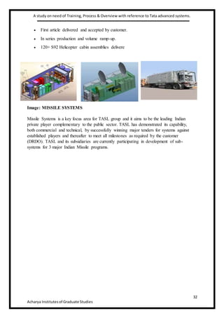 A study on need of Training, Process & Overview with reference to Tata advanced systems.
32
Acharya Institutesof Graduate Studies
 First article delivered and accepted by customer.
 In series production and volume ramp-up.
 120+ S92 Helicopter cabin assemblies delivere
Image: MISSILE SYSTEMS
Missile Systems is a key focus area for TASL group and it aims to be the leading Indian
private player complementary to the public sector. TASL has demonstrated its capability,
both commercial and technical, by successfully winning major tenders for systems against
established players and thereafter to meet all milestones as required by the customer
(DRDO). TASL and its subsidiaries are currently participating in development of sub-
systems for 3 major Indian Missile programs.
 