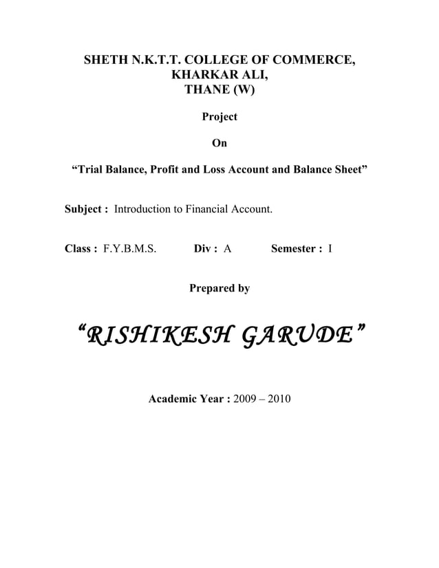 Project on trial balance, p & l account, balance sheet. PDF