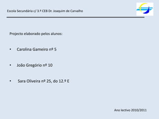 Escola Secundária c/ 3.º CEB Dr. Joaquim de Carvalho




 Projecto elaborado pelos alunos:


 •    Carolina Gameiro nº 5


 •    João Gregório nº 10


 •     Sara Oliveira nº 25, do 12.º E




                                                       Ano lectivo 2010/2011
 