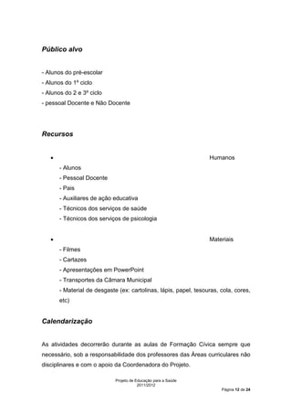 Público alvo


- Alunos do pré-escolar
- Alunos do 1º ciclo
- Alunos do 2 e 3º ciclo
- pessoal Docente e Não Docente




Recursos


   •                                                              Humanos
       - Alunos
       - Pessoal Docente
       - Pais
       - Auxiliares de ação educativa
       - Técnicos dos serviços de saúde
       - Técnicos dos serviços de psicologia


   •                                                              Materiais
       - Filmes
       - Cartazes
       - Apresentações em PowerPoint
       - Transportes da Câmara Municipal
       - Material de desgaste (ex: cartolinas, lápis, papel, tesouras, cola, cores,
       etc)


Calendarização


As atividades decorrerão durante as aulas de Formação Cívica sempre que
necessário, sob a responsabilidade dos professores das Áreas curriculares não
disciplinares e com o apoio da Coordenadora do Projeto.

                             Projeto de Educação para a Saúde
                                         2011/2012
                                                                       Página 12 de 24
 