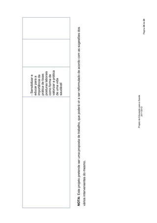 - Sensibilizar e
                                                                                   educar para a
                                                                                   importância da
                                                                                   prática de boas
                                                                                   posturas laborais
                                                                                   como forma de
                                                                                   valorizar a prática
                                                                                   de uma vida
                                                                                   saudável




NOTA: Este projeto pretende ser uma proposta de trabalho, que poderá vir a ser reformulado de acordo com as sugestões dos
vários intervenientes do mesmo.




                                                    Projeto de Educação para a Saúde
                                                                2011/2012
                                                                                                                    Página 24 de 24
 