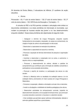 54 docentes de Ensino Básico, 3 educadores de infância, 21 auxiliares de acção
educativa;

                Alunos:

Pré-escolar – 63; 1º ciclo do ensino básico – 135; 2º ciclo do ensino básico – 55; 3º
ciclo do ensino básico – 125; CEF(Curso de Educação e Formação) – 11.

       A consulta do PEE e do PCA permitiu constatar a articulação entre ambos os
documentos orientadores e as áreas prioritárias de intervenção aí enunciadas, que
incidem na promoção do “sucesso escolar dos jovens” e no “seu desenvolvimento
enquanto cidadãos”. Essas áreas prioritárias são objectivadas do seguinte modo:


                   -   Assegurar   o domínio     da Língua Portuguesa,        enquanto suporte
                   fundamental de comunicação e expressão, do acesso ao conhecimento, da
                   criação e função da cultura e da participação na vida social;

                   - Desenvolver a capacidade de resolução de problemas;

                   - Desenvolver a capacidade de raciocínio e memória;

                   - Promover a aquisição de técnicas elementares de pesquisa e organização
                   de dados;

                   - Incentivar e desenvolver a cooperação com os outros, a autonomia, o
                   espírito crítico e a responsabilidade;

                   - Promover o desenvolvimento de valores, atitudes e padrões de
                   comportamento que contribuam para a formação de cidadãos conscientes e
                   participativos numa sociedade democrática;

                   - Promover o espírito de iniciativa e a participação dos alunos na vida
                   escolar;

                   - Diminuir a diferença entre os resultados da avaliação externa e os de
                   avaliação interna, promovendo um maior sucesso em Língua Portuguesa e
                   Matemática;

                   - Fomentar a cooperação, reflexão e articulação curricular intra e interciclos;

                   - Investir na divulgação e visibilidade de trabalhos pedagógicos dos alunos;

                   - Desenvolver actividades de enriquecimento curricular, projectos de
                   desenvolvimento educativo e de ocupação de tempos livres, que promovam
                   o sucesso educativo e previnam o insucesso e o abandono escolar;

                   - Criar condições que permitam apoiar carências individualizadas, detectar e
                   estimular aptidões específicas e precocidades;


                                                                                                26
 