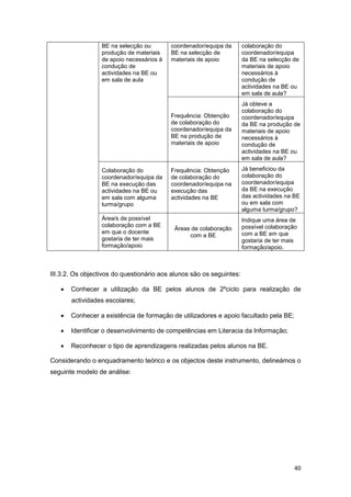 BE na selecção ou        coordenador/equipa da      colaboração do
                  produção de materiais    BE na selecção de          coordenador/equipa
                  de apoio necessários à   materiais de apoio         da BE na selecção de
                  condução de                                         materiais de apoio
                  actividades na BE ou                                necessários à
                  em sala de aula                                     condução de
                                                                      actividades na BE ou
                                                                      em sala de aula?
                                                                      Já obteve a
                                                                      colaboração do
                                           Frequência: Obtenção       coordenador/equipa
                                           de colaboração do          da BE na produção de
                                           coordenador/equipa da      materiais de apoio
                                           BE na produção de          necessários à
                                           materiais de apoio         condução de
                                                                      actividades na BE ou
                                                                      em sala de aula?

                  Colaboração do           Frequência: Obtenção       Já beneficiou da
                  coordenador/equipa da    de colaboração do          colaboração do
                  BE na execução das       coordenador/equipa na      coordenador/equipa
                  actividades na BE ou     execução das               da BE na execução
                  em sala com alguma       actividades na BE          das actividades na BE
                  turma/grupo                                         ou em sala com
                                                                      alguma turma/grupo?
                  Área/s de possível                                  Indique uma área de
                  colaboração com a BE                                possível colaboração
                                            Áreas de colaboração
                  em que o docente                                    com a BE em que
                                                 com a BE
                  gostaria de ter mais                                gostaria de ter mais
                  formação/apoio                                      formação/apoio.



III.3.2. Os objectivos do questionário aos alunos são os seguintes:

      Conhecer a utilização da BE pelos alunos de 2ºciclo para realização de
       actividades escolares;

      Conhecer a existência de formação de utilizadores e apoio facultado pela BE;

      Identificar o desenvolvimento de competências em Literacia da Informação;

      Reconhecer o tipo de aprendizagens realizadas pelos alunos na BE.

Considerando o enquadramento teórico e os objectos deste instrumento, delineámos o
seguinte modelo de análise:




                                                                                         40
 