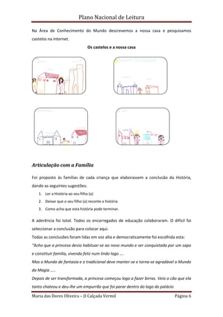 Plano Nacional de Leitura
Maria das Dores Oliveira – JI Calçada Vermil Página 6
Na Área de Conhecimento do Mundo descrevemos a nossa casa e pesquisamos
castelos na internet.
Os castelos e a nossa casa
Articulação com a Família
Foi proposto às famílias de cada criança que elaborassem a conclusão da História,
dando as seguintes sugestões:
1. Ler a História ao seu filho (a)
2. Deixar que o seu filho (a) reconte a história
3. Como acha que esta história pode terminar.
A aderência foi total. Todos os encarregados de educação colaboraram. O difícil foi
seleccionar a conclusão para colocar aqui.
Todas as conclusões foram lidas em voz alta e democraticamente foi escolhida esta:
“Acho que a princesa devia habituar-se ao novo mundo e ser conquistada por um sapo
e constituir família, vivendo feliz num lindo lago ….
Mas o Mundo de fantasia e o tradicional deve manter-se e torna-se agradável o Mundo
da Magia …..
Depois de ser transformada, a princesa começou logo a fazer birras. Veio o cão que ela
tanto chateou e deu-lhe um empurrão que foi parar dentro do lago do palácio
 