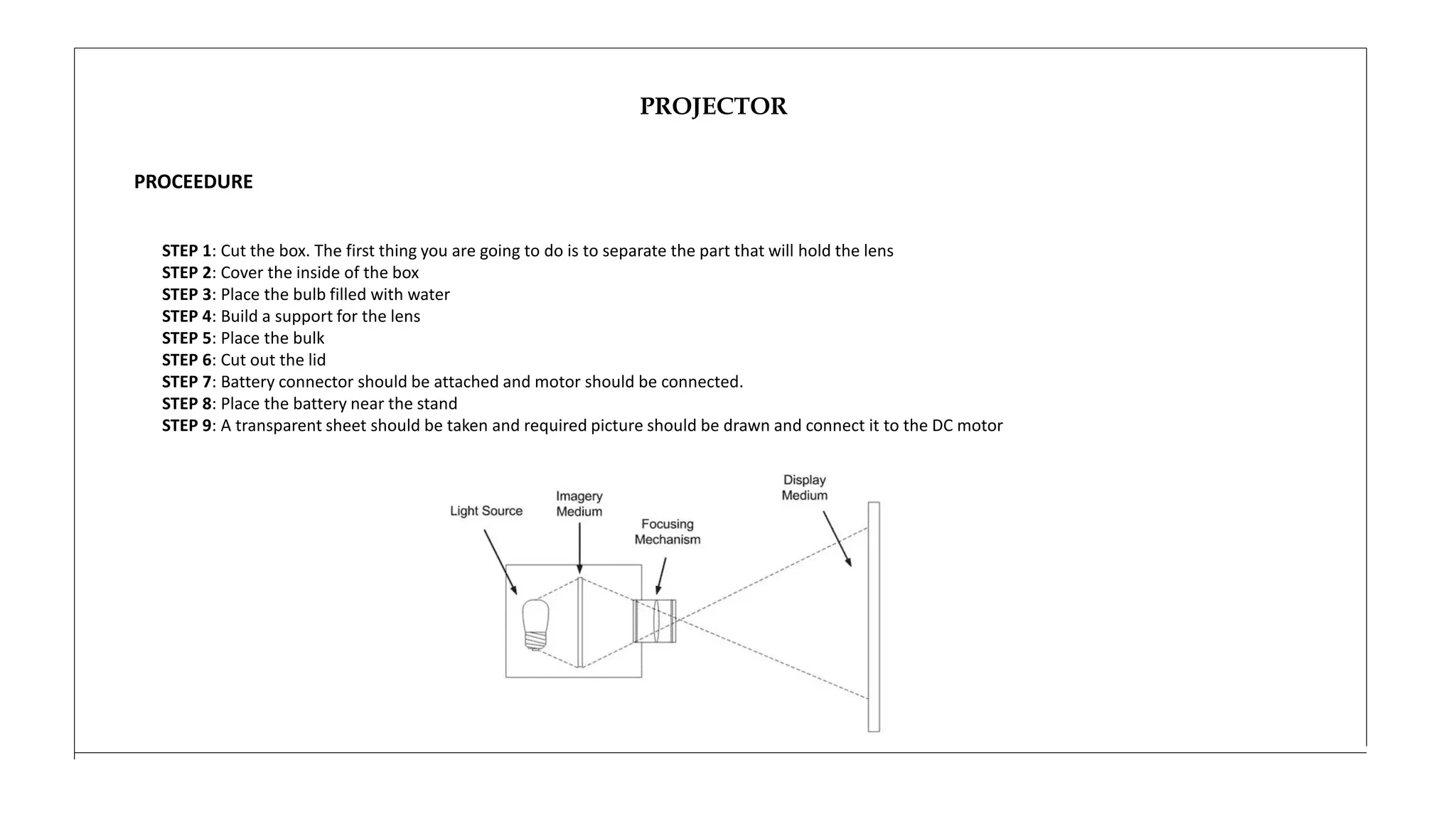 PROJECTOR
PROCEEDURE
STEP 1: Cut the box. The first thing you are going to do is to separate the part that will hold the lens
STEP 2: Cover the inside of the box
STEP 3: Place the bulb filled with water
STEP 4: Build a support for the lens
STEP 5: Place the bulk
STEP 6: Cut out the lid
STEP 7: Battery connector should be attached and motor should be connected.
STEP 8: Place the battery near the stand
STEP 9: A transparent sheet should be taken and required picture should be drawn and connect it to the DC motor
 
